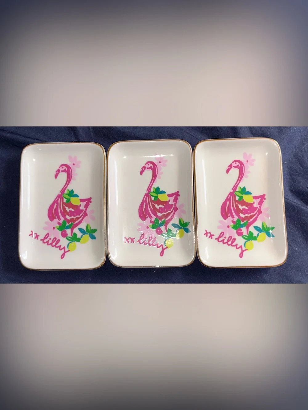 Lilly Pulitzer Pink Flamingo Ceramic Trinket Trays with Green & Yellow Accents
